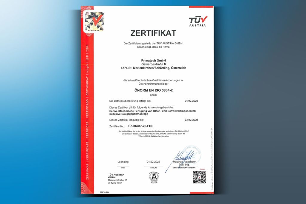 Primatech Zertifikat ISO 3834 TÜV Austria